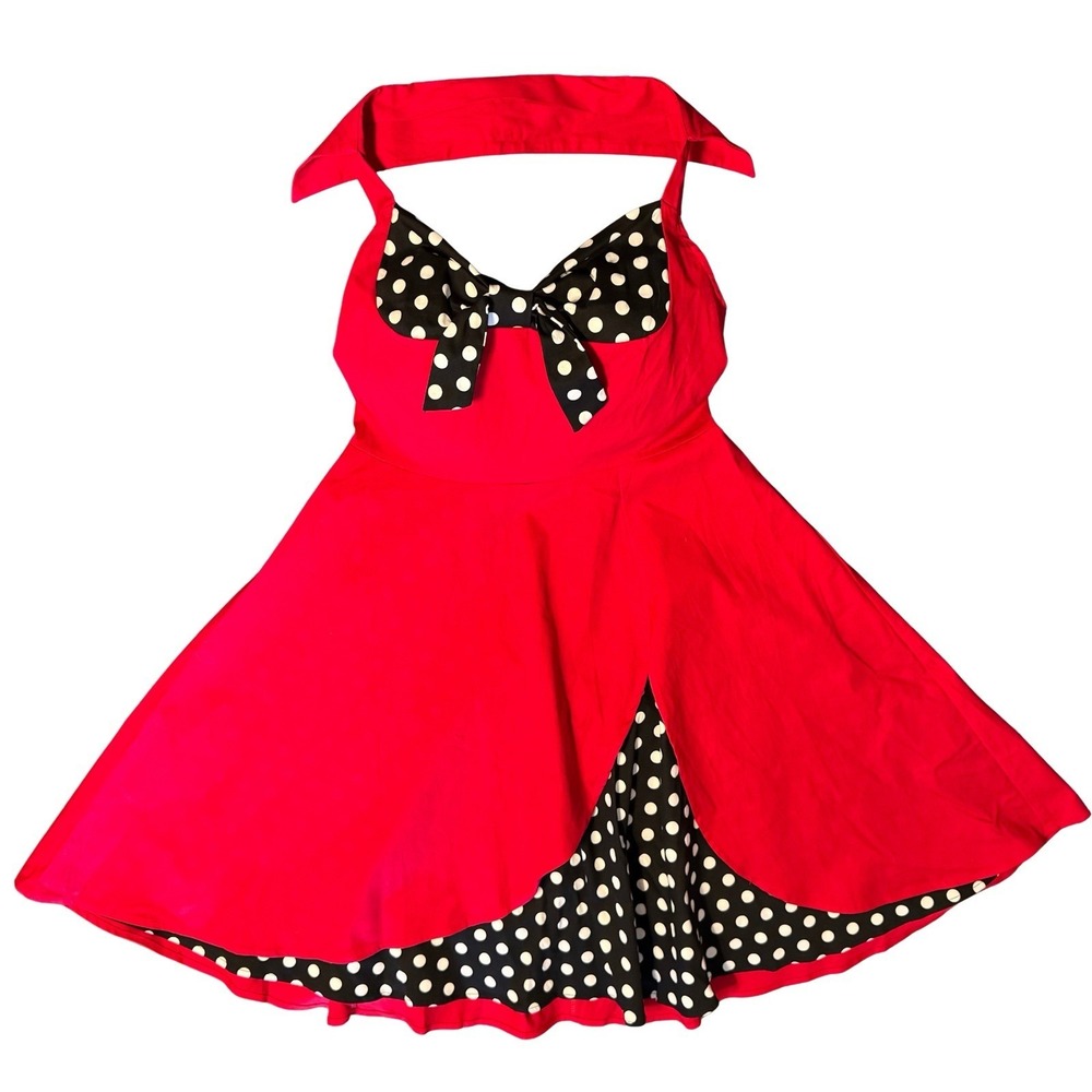 Women's 1950s Rockabilly Halter Swing‎ Dress Red Black Polka Dot Size M